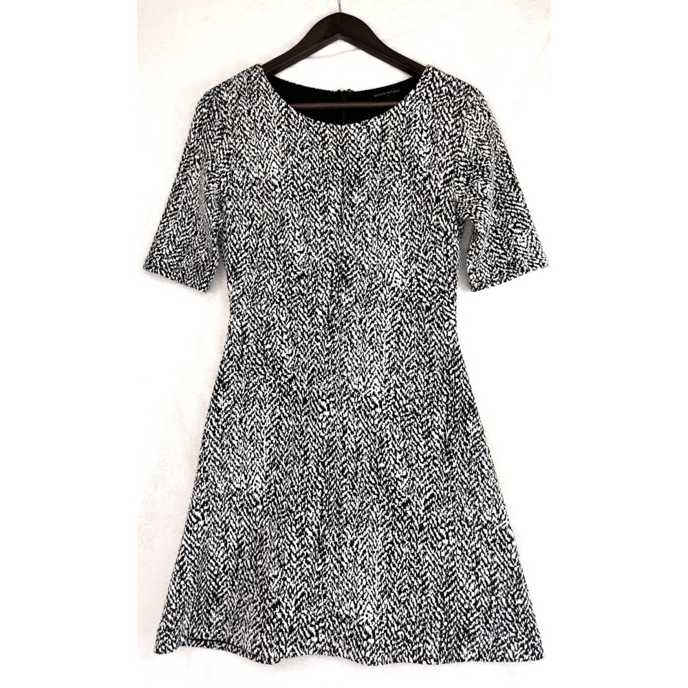 BANANA REPUBLIC Black Short Dress Sleeve White Tweed Scoop Office Work Knee Mini
